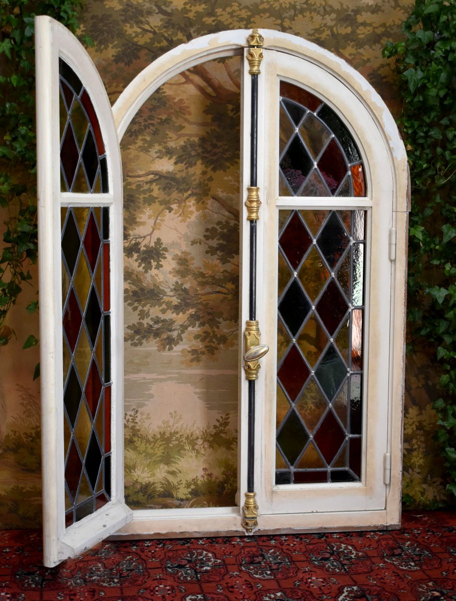 Set Of Three Windows, Stained Glass With Frames And Door Frames, Mid-20th Century-photo-2
