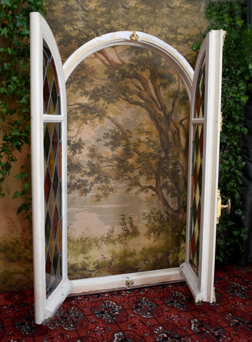 Set Of Three Windows, Stained Glass With Frames And Door Frames, Mid-20th Century-photo-3