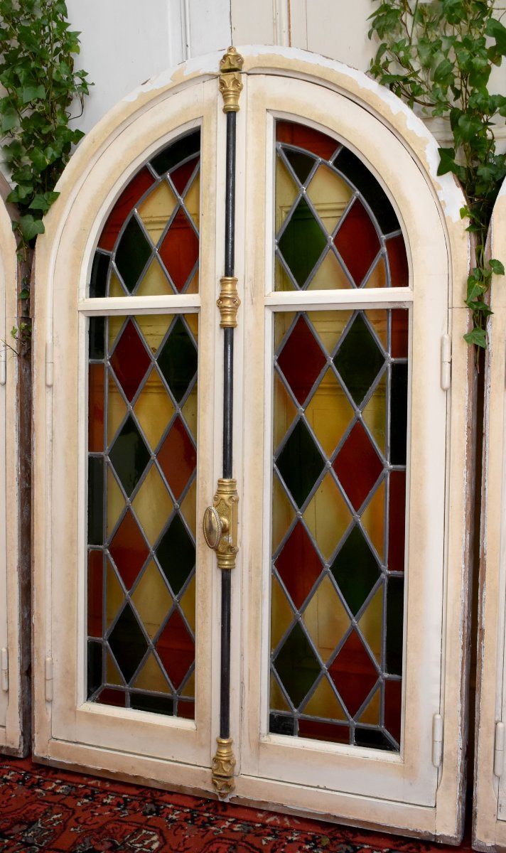 Set Of Three Windows, Stained Glass With Frames And Door Frames, Mid-20th Century-photo-4