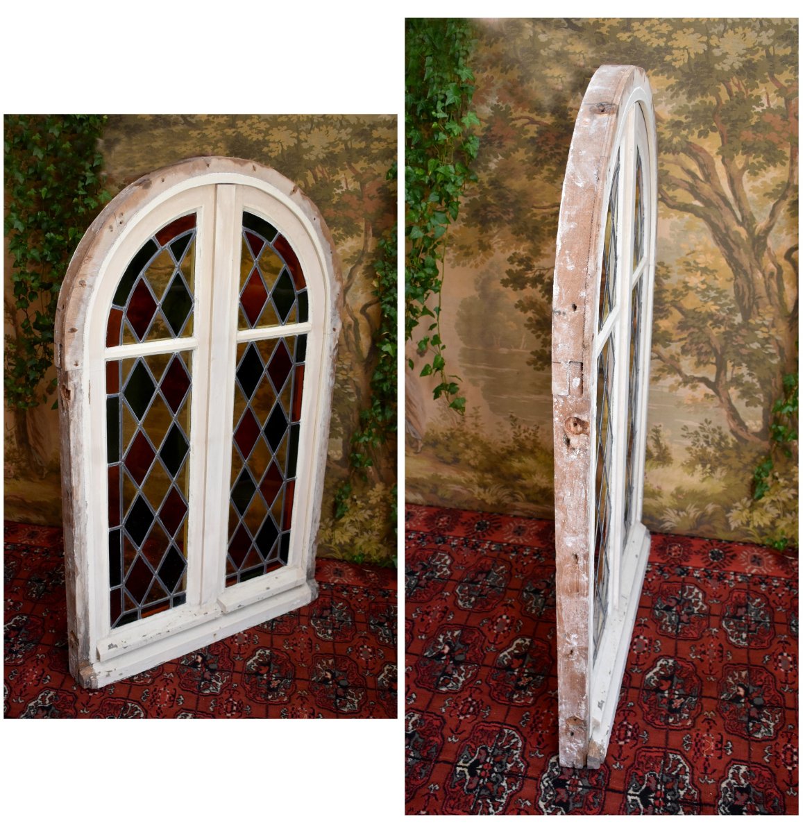 Set Of Three Windows, Stained Glass With Frames And Door Frames, Mid-20th Century-photo-5