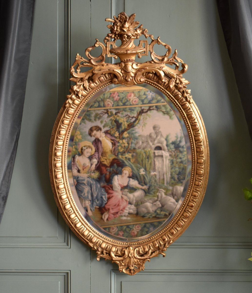 Oval Mirror In Stucco And Gilded Wood, Napoleon III Period, Louis XVI Style-photo-4