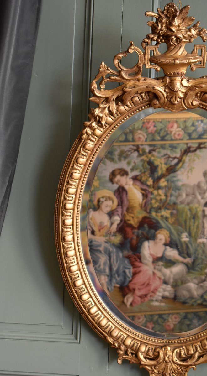 Oval Mirror In Stucco And Gilded Wood, Napoleon III Period, Louis XVI Style-photo-3
