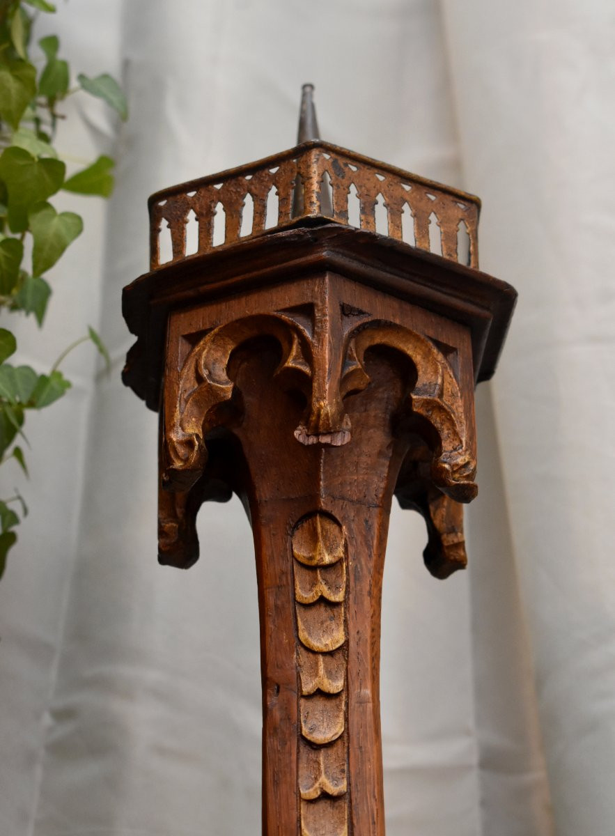 Pique cierge Gothique En Bois Sculpt&eacute;, Bougeoir , Epoque XIX Eme-photo-3