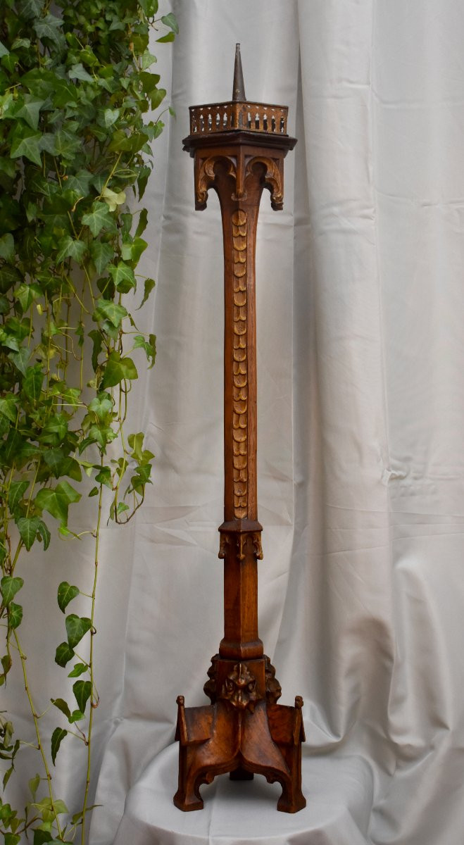 Pique cierge Gothique En Bois Sculpt&eacute;, Bougeoir , Epoque XIX Eme-photo-8