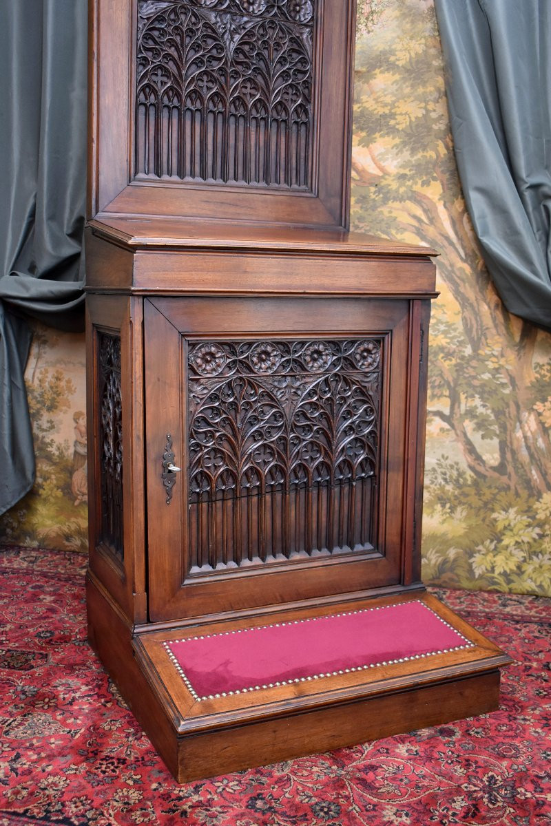 Grand Oratoire de Style Gothique, Prie Dieu, Noyer Sculpté, Epoque XIXème-photo-1