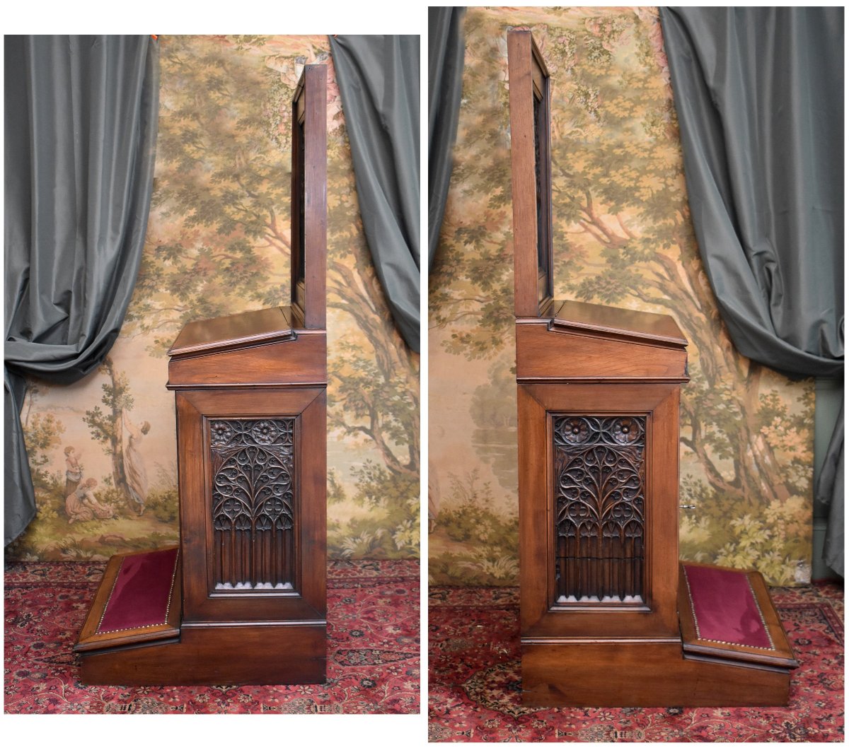 Grand Oratoire de Style Gothique, Prie Dieu, Noyer Sculpté, Epoque XIXème-photo-2