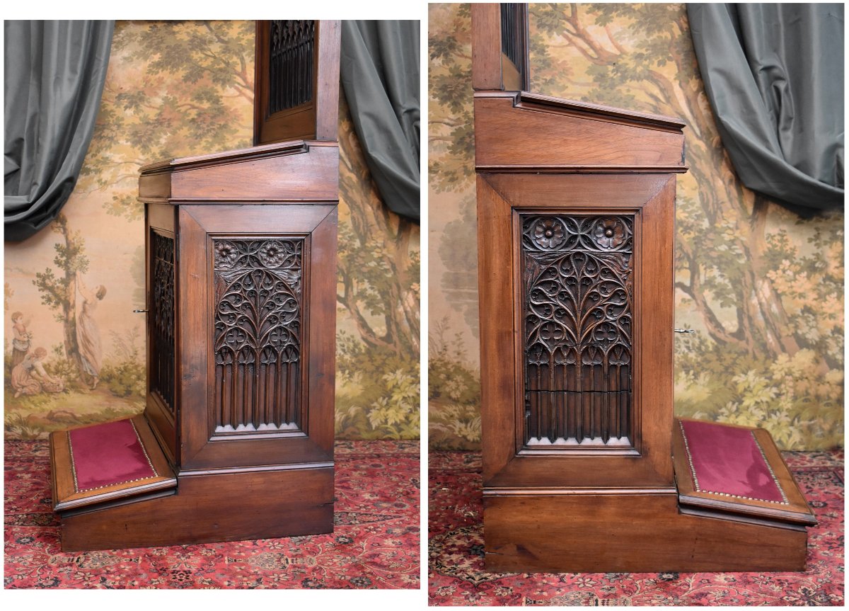 Grand Oratoire de Style Gothique, Prie Dieu, Noyer Sculpté, Epoque XIXème-photo-3