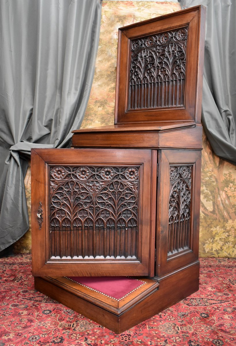 Grand Oratoire de Style Gothique, Prie Dieu, Noyer Sculpté, Epoque XIXème-photo-4