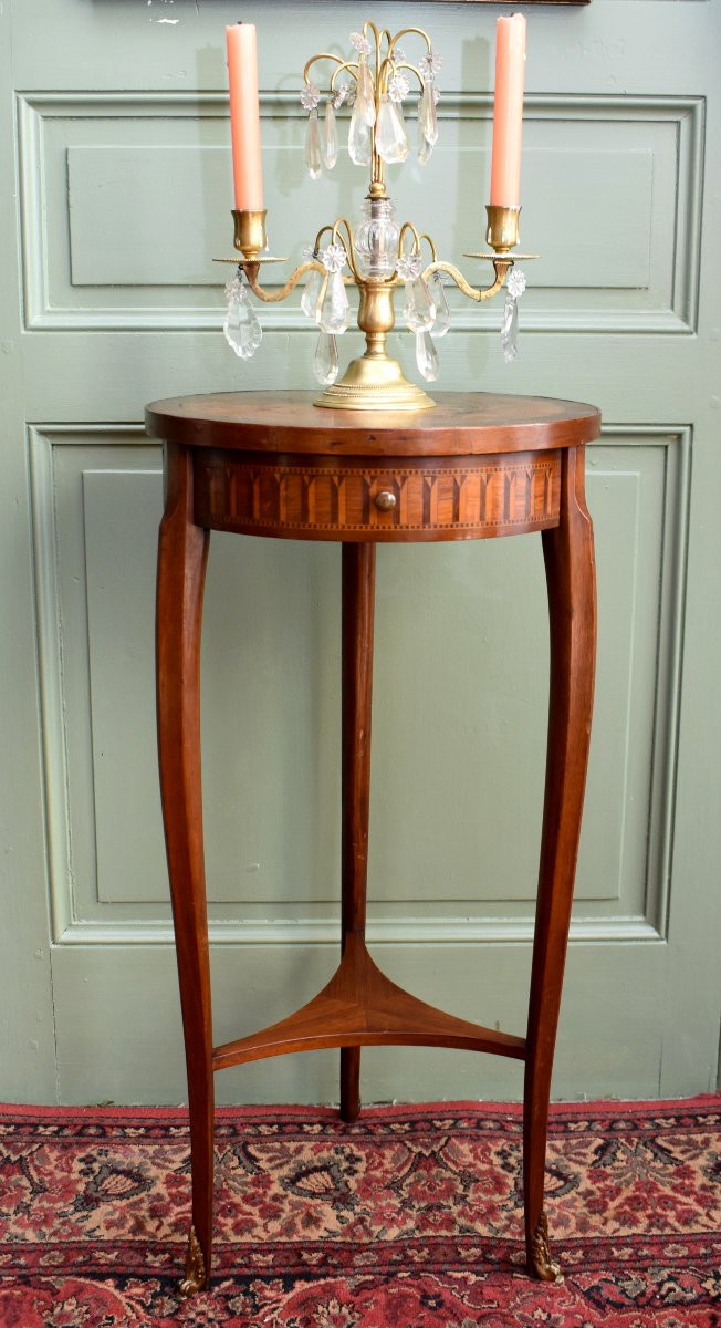 Sellette Inlaid In The Louis XV- Louis XVI Transition Style, Small Pedestal Table, Marquetry, 19th Century-photo-3