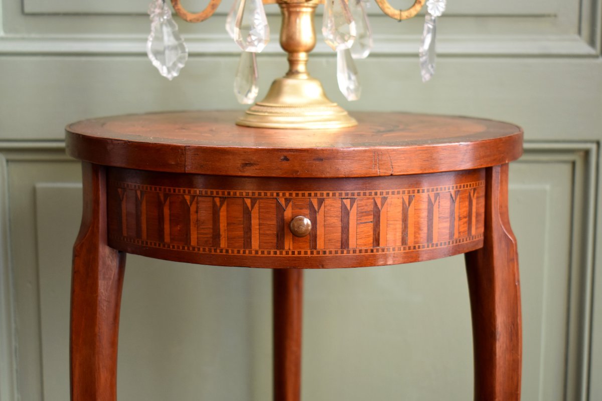 Sellette Inlaid In The Louis XV- Louis XVI Transition Style, Small Pedestal Table, Marquetry, 19th Century-photo-4
