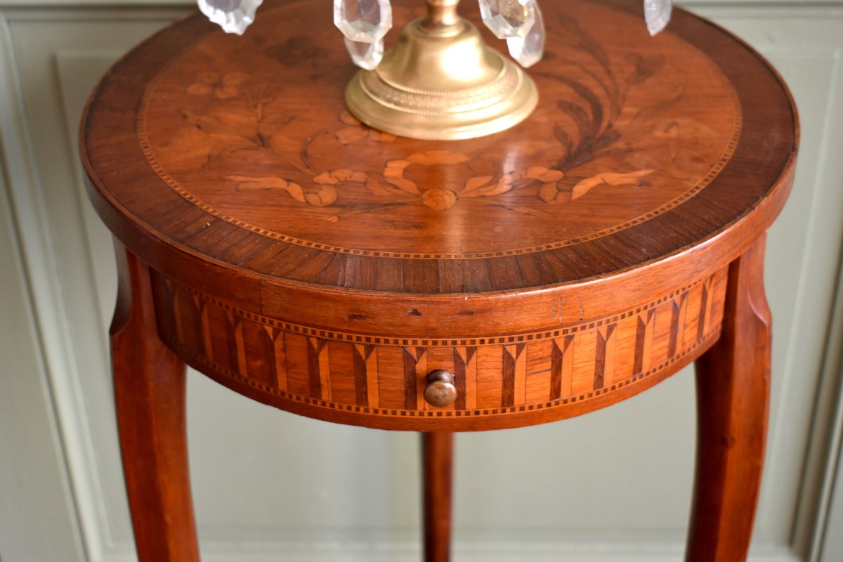 Sellette Inlaid In The Louis XV- Louis XVI Transition Style, Small Pedestal Table, Marquetry, 19th Century-photo-1