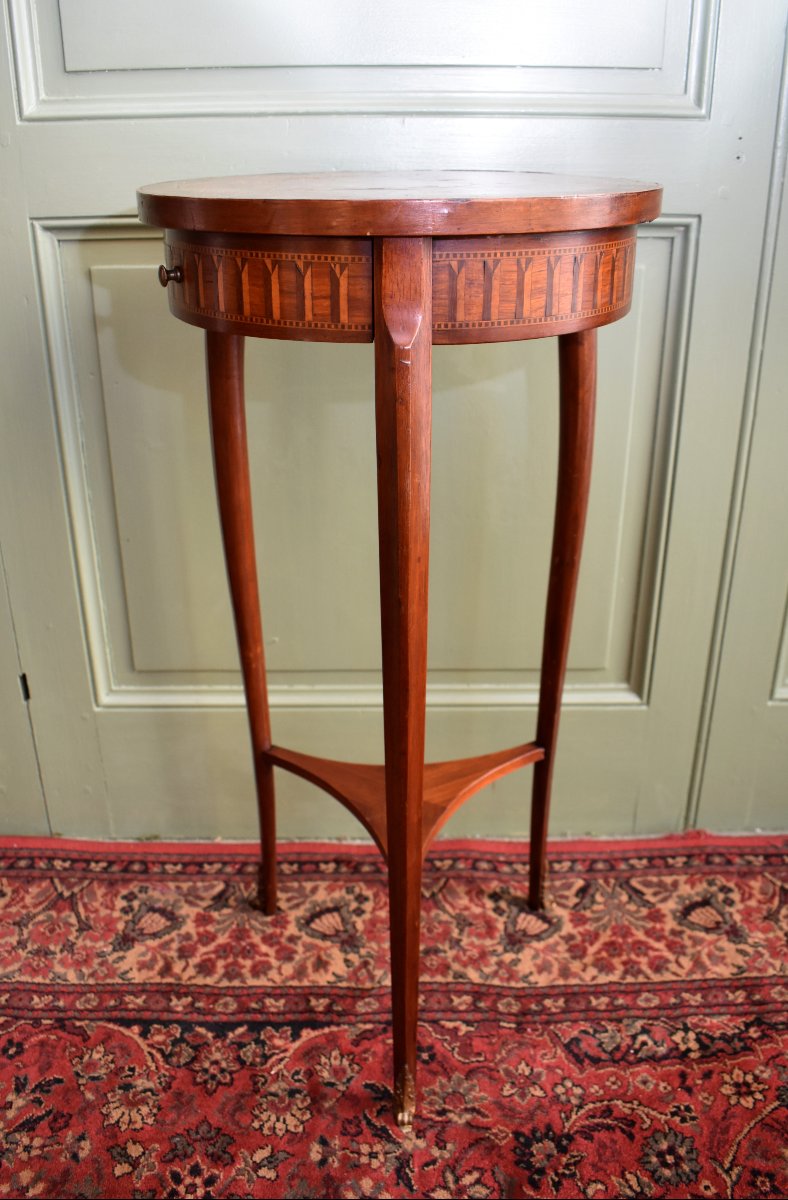 Sellette Inlaid In The Louis XV- Louis XVI Transition Style, Small Pedestal Table, Marquetry, 19th Century-photo-3