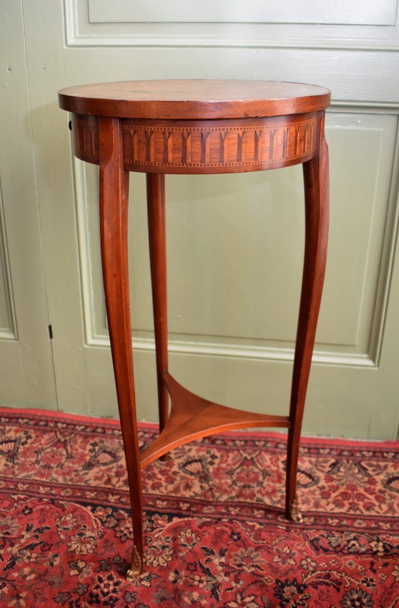 Sellette Inlaid In The Louis XV- Louis XVI Transition Style, Small Pedestal Table, Marquetry, 19th Century-photo-4