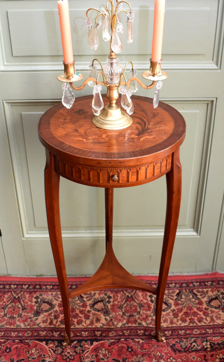 Sellette Inlaid In The Louis XV- Louis XVI Transition Style, Small Pedestal Table, Marquetry, 19th Century
