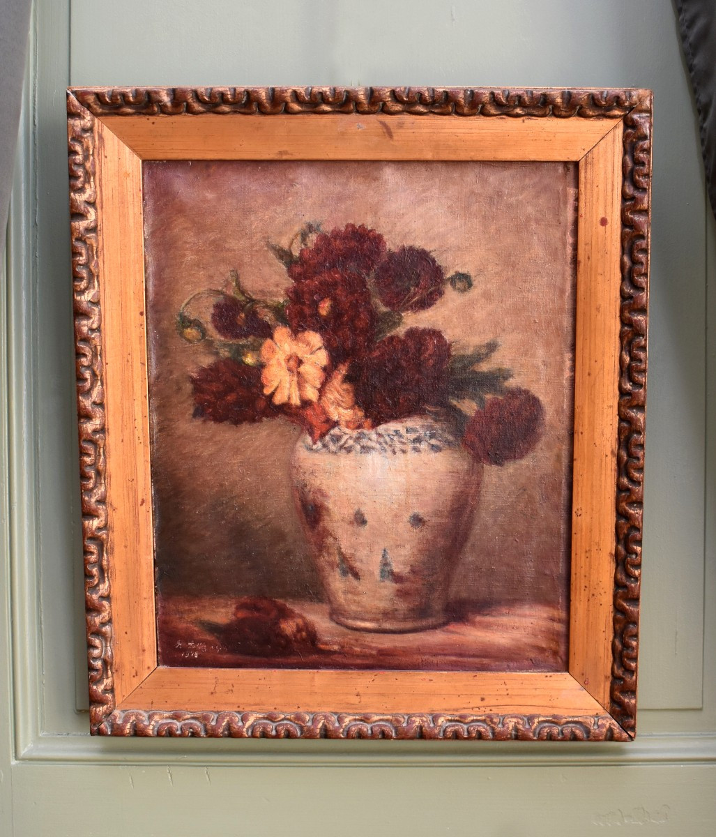 Bouquet De Fleurs Sur Entablement, Framed Oil On Canvas, Early 20th Century-photo-2