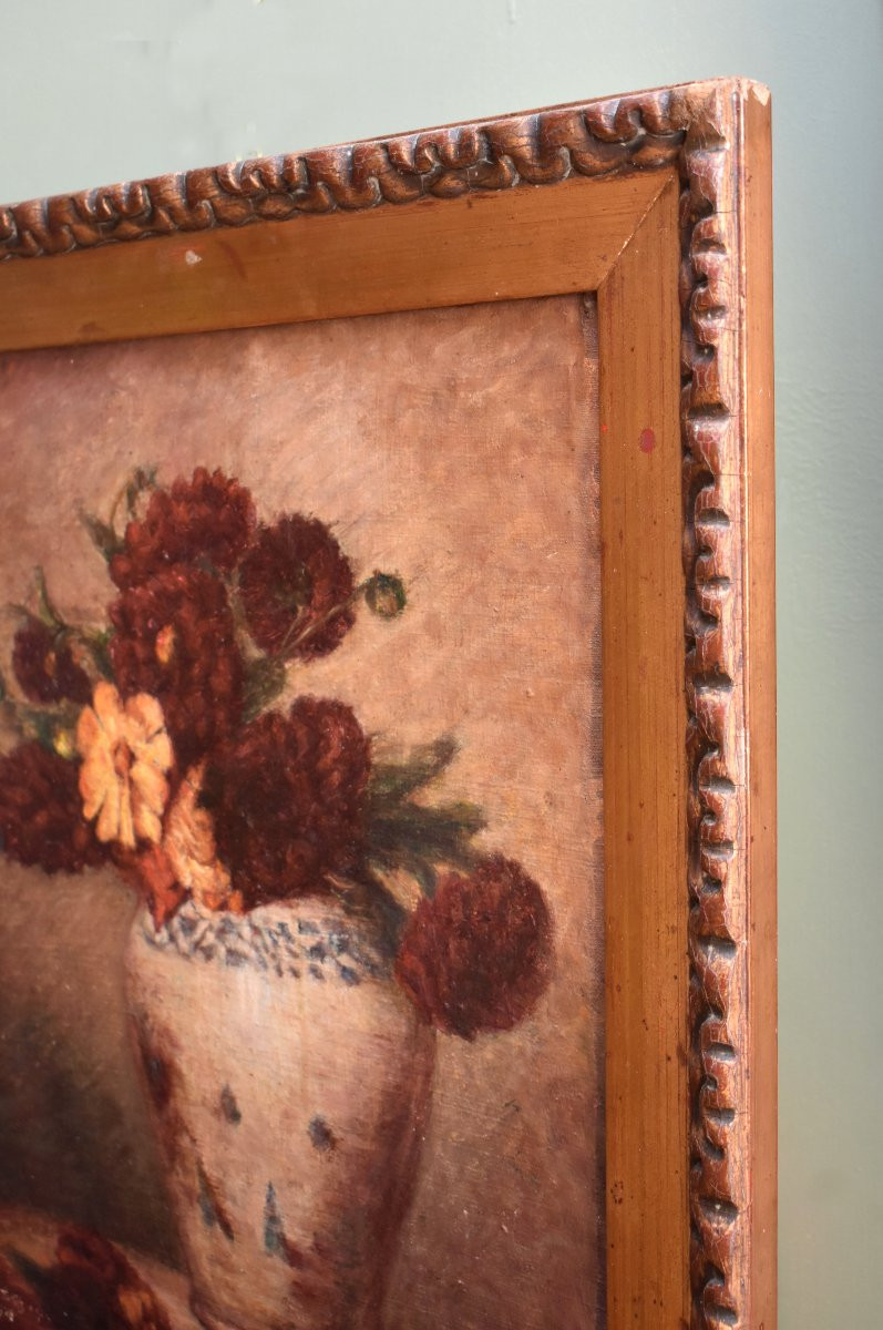 Bouquet De Fleurs Sur Entablement, Framed Oil On Canvas, Early 20th Century-photo-5
