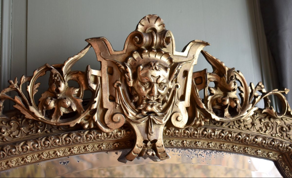 Grand Miroir au Faune ou Satyre, Style Renaissance, 1m83,Epoque Napoléon III, Bois et Stuc Doré-photo-4