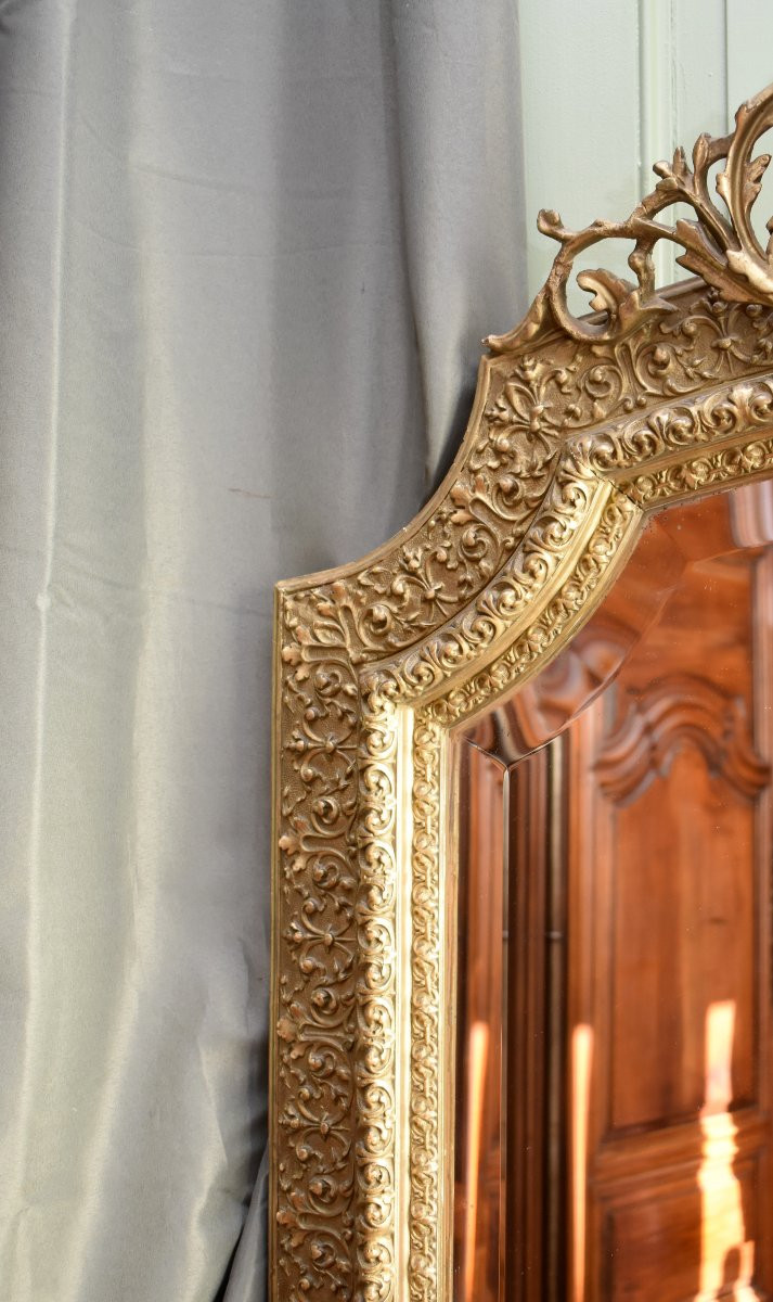 Grand Miroir au Faune ou Satyre, Style Renaissance, 1m83,Epoque Napoléon III, Bois et Stuc Doré-photo-1