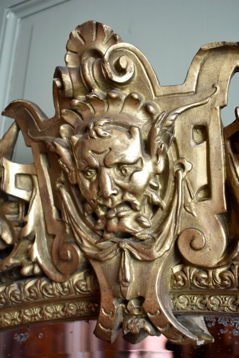 Grand Miroir au Faune ou Satyre, Style Renaissance, 1m83,Epoque Napoléon III, Bois et Stuc Doré-photo-5