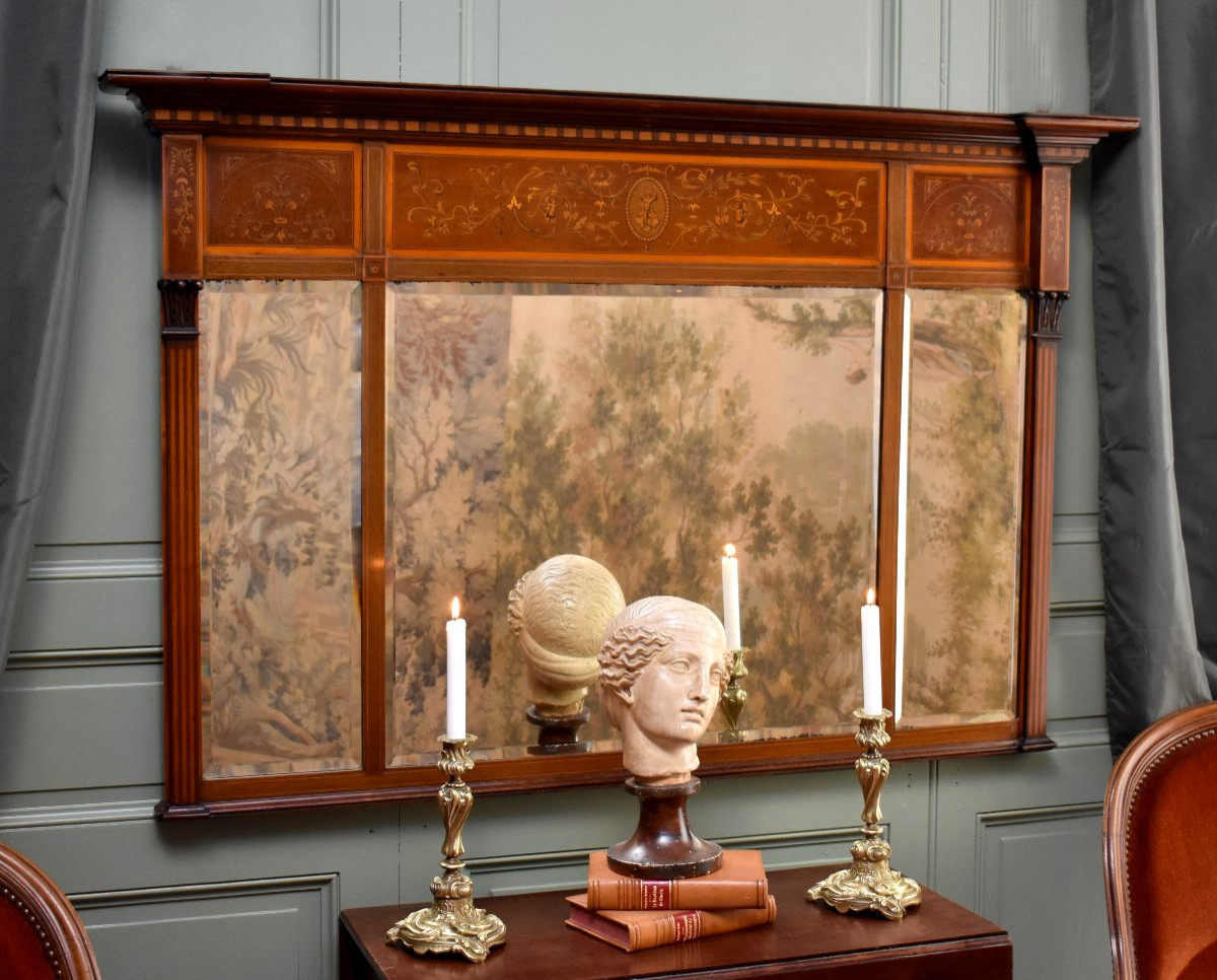 Miroir Triptyque Anglais en Acajou et Marqueterie, Epoque Vers 1900, Style Sheraton-photo-2