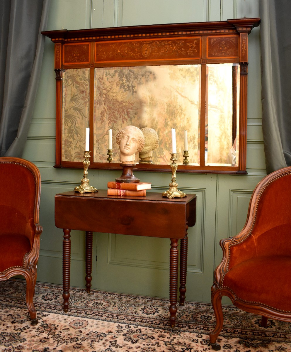 Miroir Triptyque Anglais en Acajou et Marqueterie, Epoque Vers 1900, Style Sheraton-photo-3