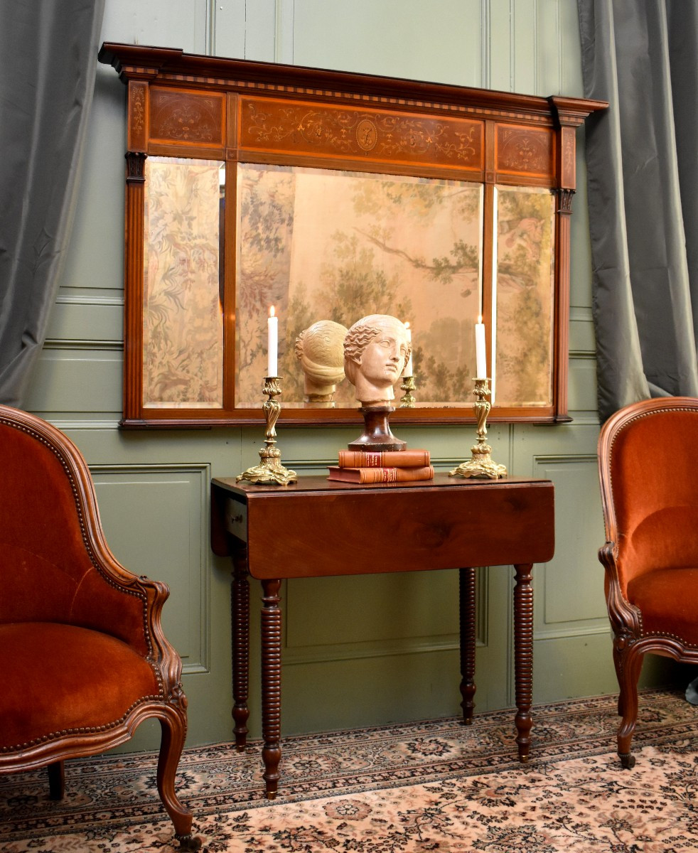 Miroir Triptyque Anglais en Acajou et Marqueterie, Epoque Vers 1900, Style Sheraton