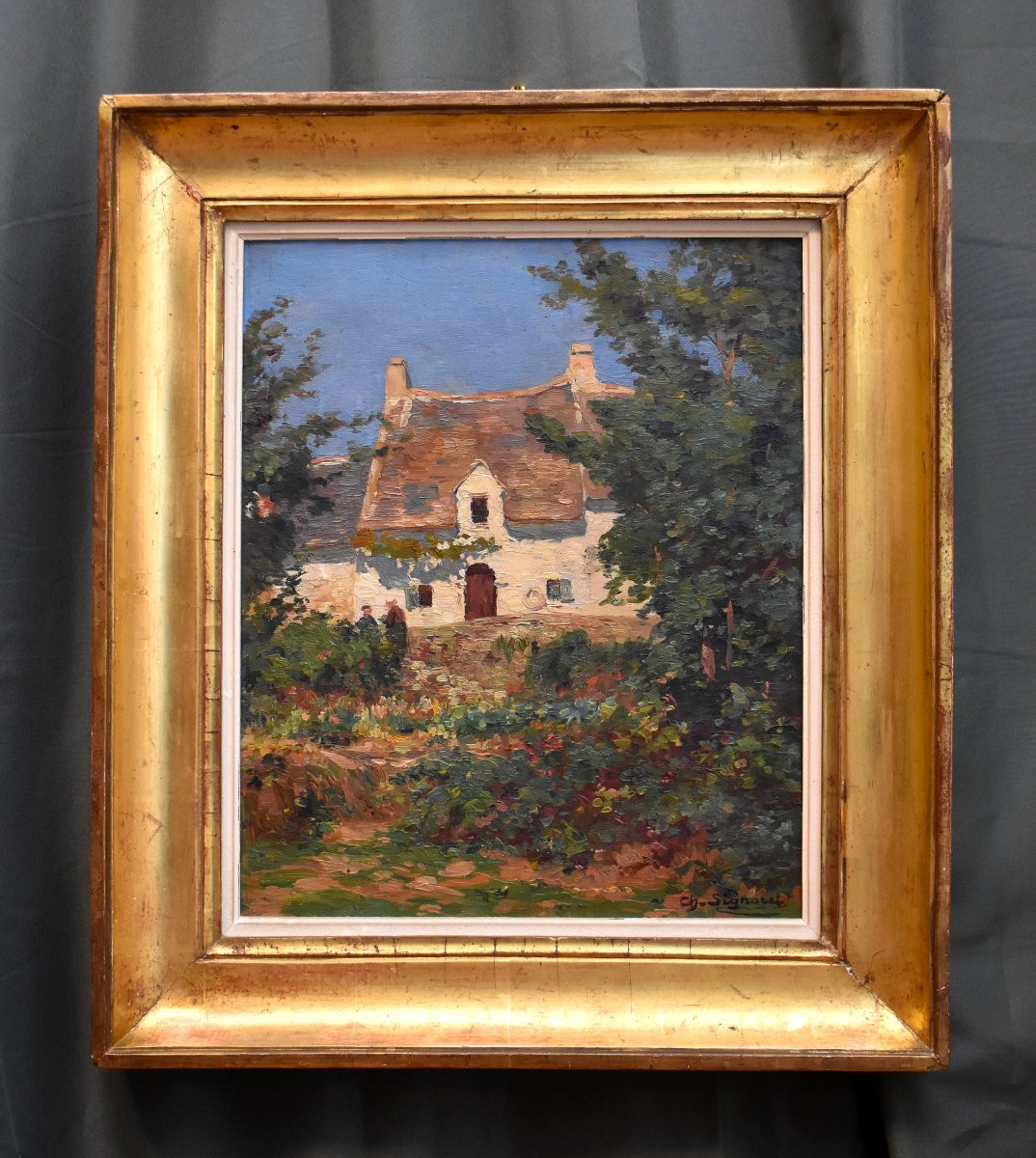 Charles Louis Signoret ( 1867- 1932) , Chaumière Et Jardin Animé, Framed Oil On Canvas-photo-2