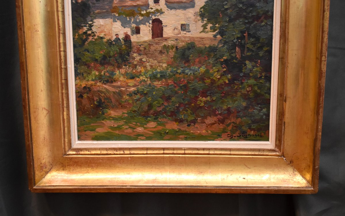 Charles Louis Signoret ( 1867- 1932) , Chaumière Et Jardin Animé, Framed Oil On Canvas-photo-2