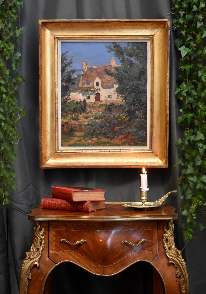 Charles Louis Signoret ( 1867- 1932) , Chaumière Et Jardin Animé, Framed Oil On Canvas-photo-8