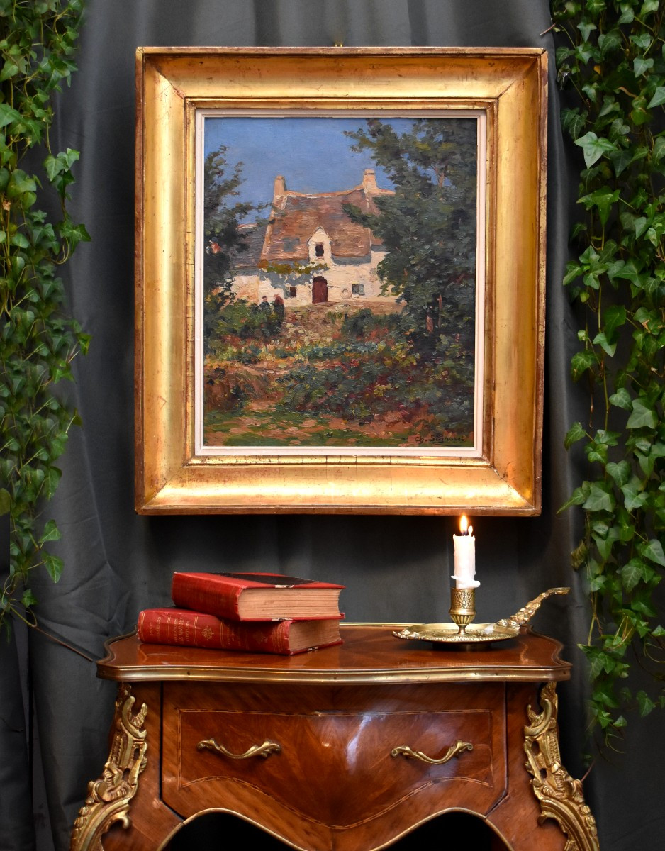 Charles Louis Signoret ( 1867- 1932) , Chaumière Et Jardin Animé, Framed Oil On Canvas