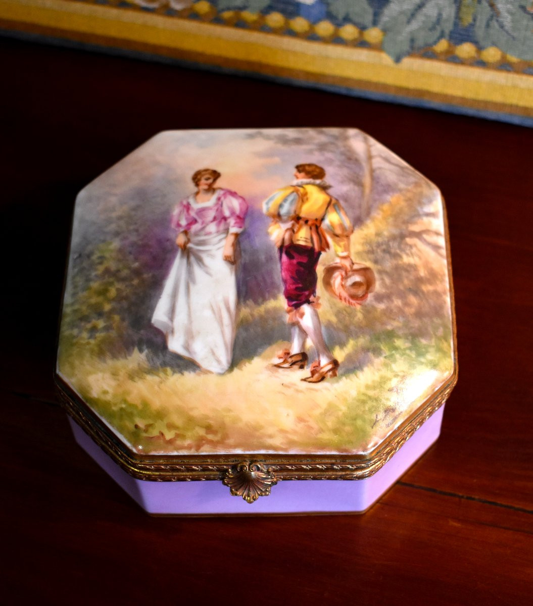 Coffret à Bijoux , Porcelaine De Limoges, Décor Peint Main,  Scène Galante , Signé Dubois-photo-3