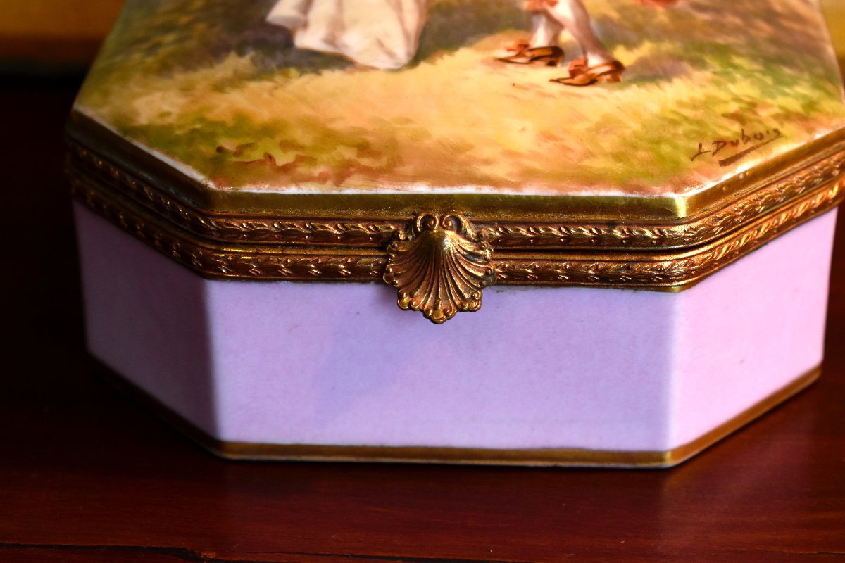Coffret à Bijoux , Porcelaine De Limoges, Décor Peint Main,  Scène Galante , Signé Dubois-photo-1