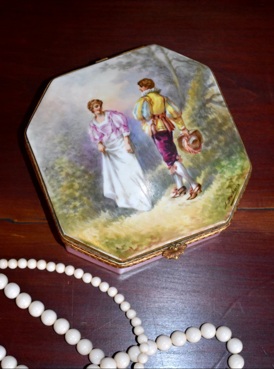 Coffret à Bijoux , Porcelaine De Limoges, Décor Peint Main,  Scène Galante , Signé Dubois-photo-7