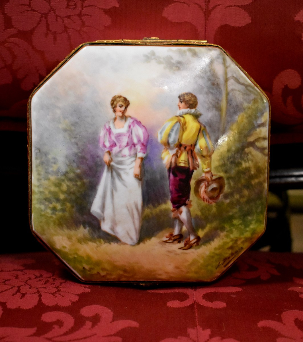 Coffret à Bijoux , Porcelaine De Limoges, Décor Peint Main,  Scène Galante , Signé Dubois