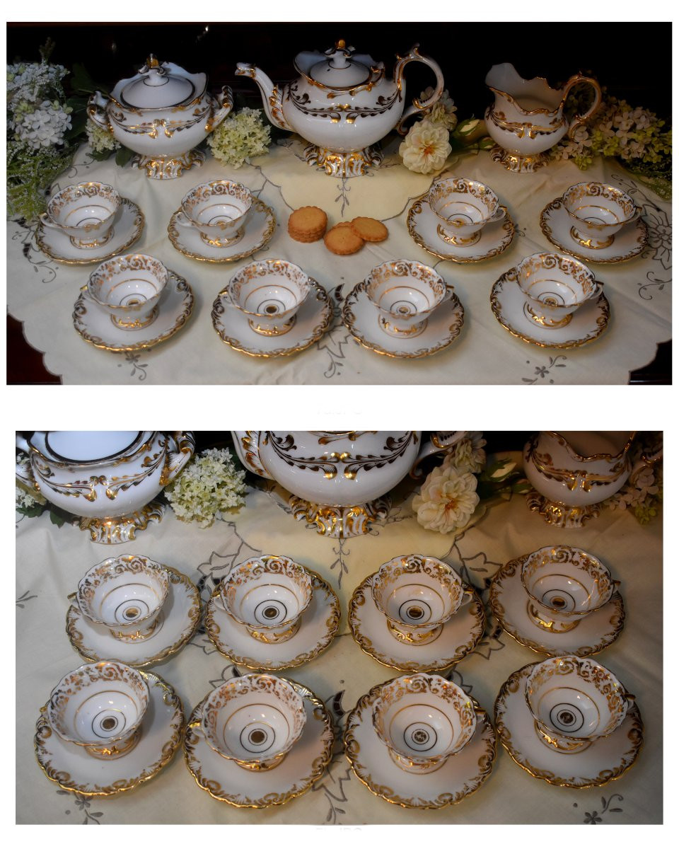 Service à café en Porcelaine Blanche et Or, Style louis XV / Rocaille, Epoque Louis Philippe-photo-3