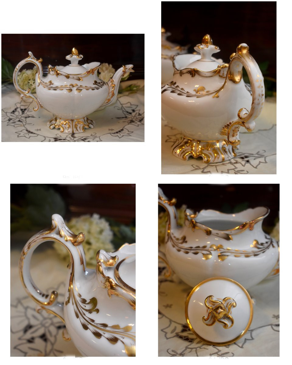 Service à café en Porcelaine Blanche et Or, Style louis XV / Rocaille, Epoque Louis Philippe-photo-5