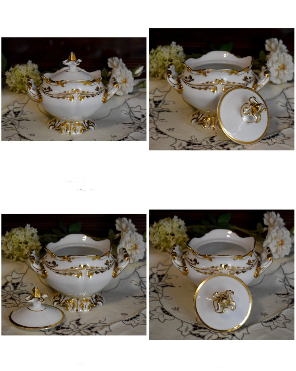 Service à café en Porcelaine Blanche et Or, Style louis XV / Rocaille, Epoque Louis Philippe-photo-6