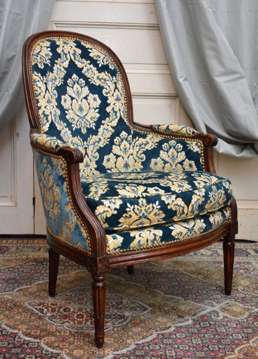 Bergère d' époque Louis XVI,   Tissu Velours De Gênes,  époque XVIII Eme, -photo-2