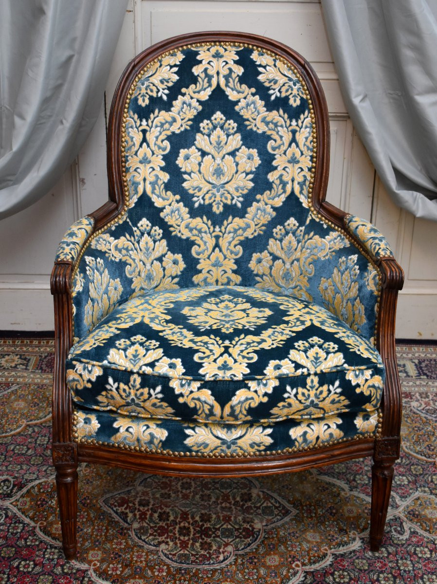 Bergère d' époque Louis XVI,   Tissu Velours De Gênes,  époque XVIII Eme, -photo-3