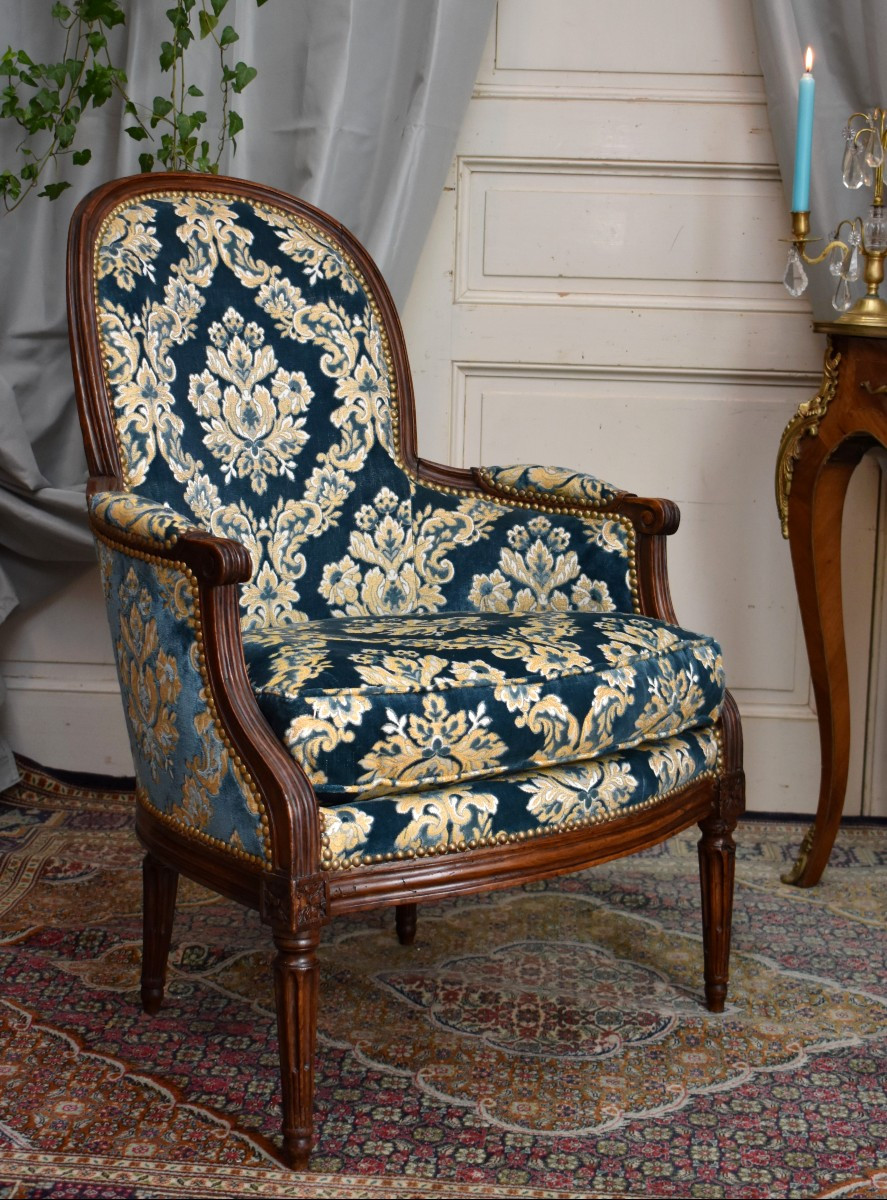 Bergère d' époque Louis XVI,   Tissu Velours De Gênes,  époque XVIII Eme, 