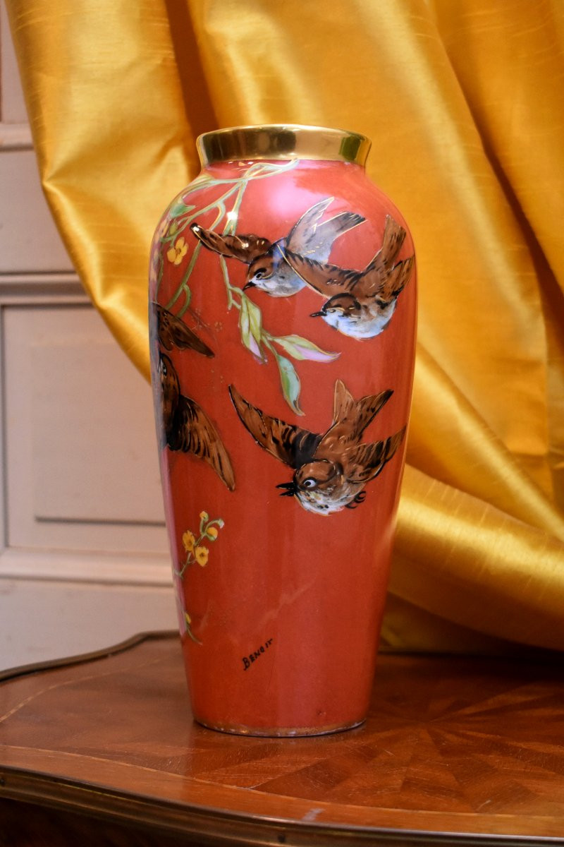 Vase In Limoges Porcelain, Hand-painted Birds, Signed Benoît, 20th Century-photo-3