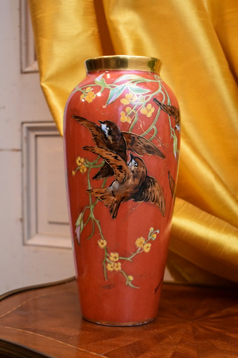 Vase In Limoges Porcelain, Hand-painted Birds, Signed Benoît, 20th Century-photo-4