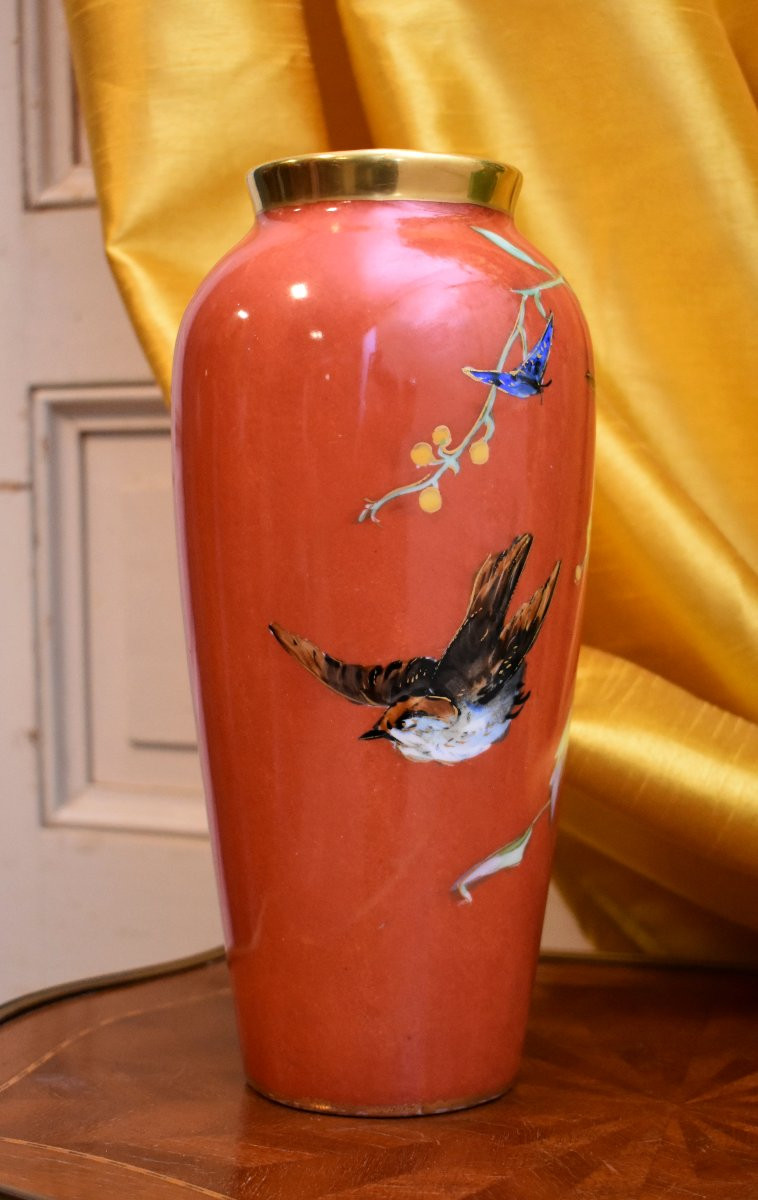 Vase In Limoges Porcelain, Hand-painted Birds, Signed Benoît, 20th Century-photo-2
