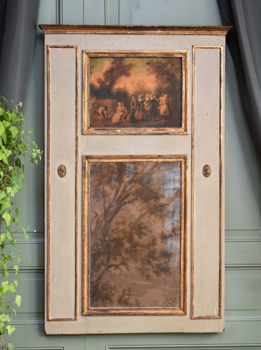 Louis XVI Style Trumeau, Lacquered And Gilded Wood, Country Scene, Village Fete, 19th Century-photo-2