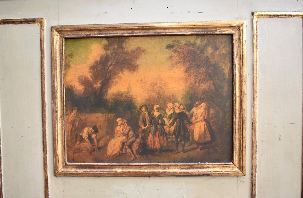 Louis XVI Style Trumeau, Lacquered And Gilded Wood, Country Scene, Village Fete, 19th Century-photo-3