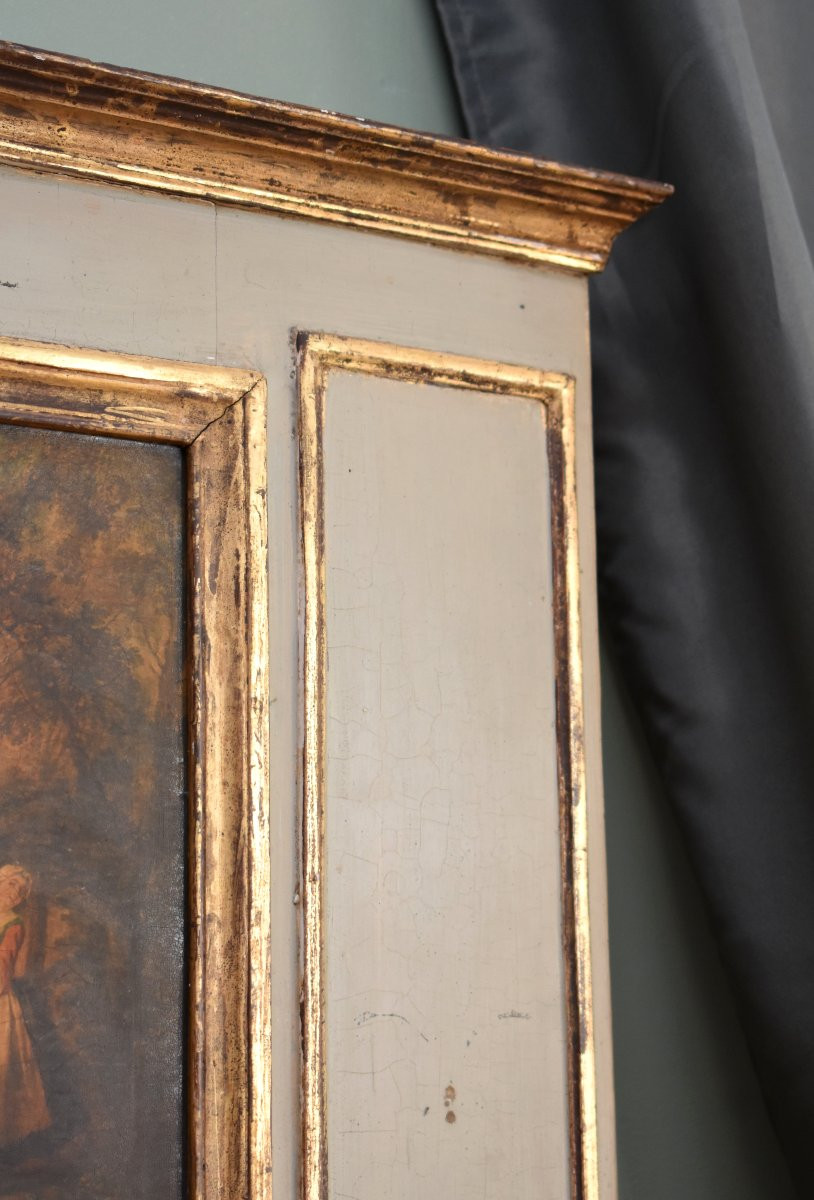 Louis XVI Style Trumeau, Lacquered And Gilded Wood, Country Scene, Village Fete, 19th Century-photo-1