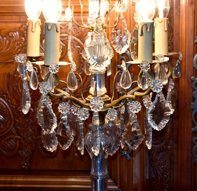Grande Girandole de Style louis XV , Pampilles Cristal, Cinq Feux, Epoque Milieu XXème-photo-2