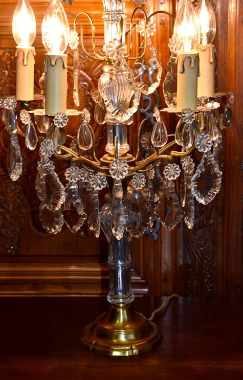 Grande Girandole de Style louis XV , Pampilles Cristal, Cinq Feux, Epoque Milieu XXème-photo-6