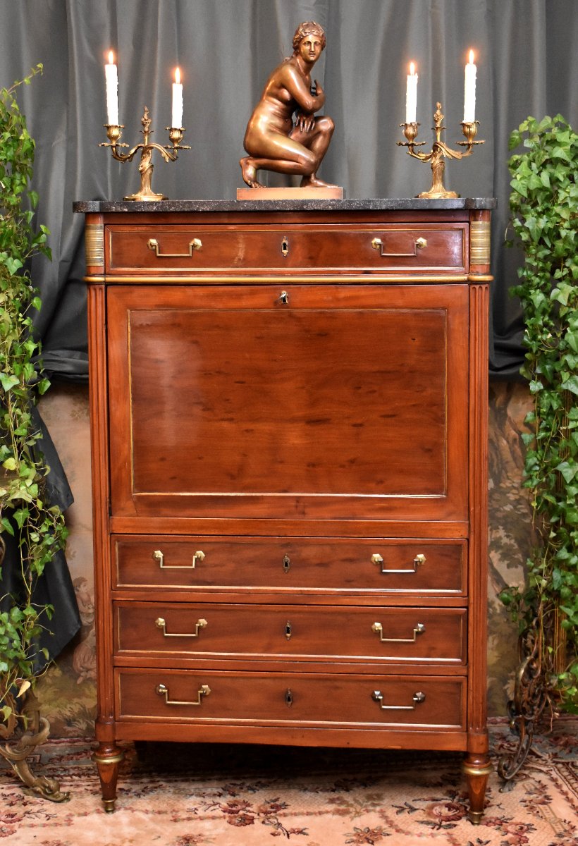 Louis XVI Period Secretary, Early Directoire, 18th Century, Speckled Mahogany, Cloverleaf Locks-photo-2
