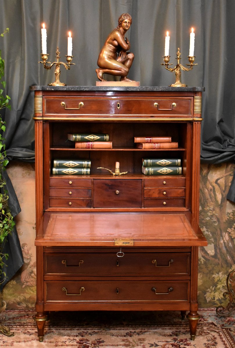 Louis XVI Period Secretary, Early Directoire, 18th Century, Speckled Mahogany, Cloverleaf Locks-photo-3